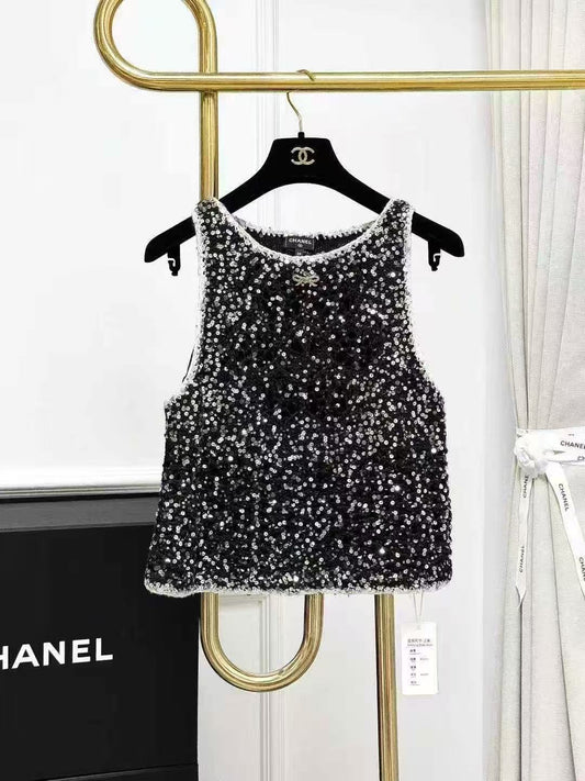 Chanel 23S Bow Black Starry Sequined Knit Tank Top