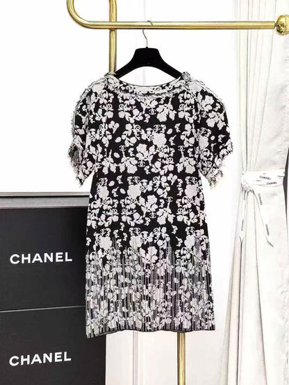 Chanel 14C Black and White Camellia Fringe Knit Short-Sleeve Dress