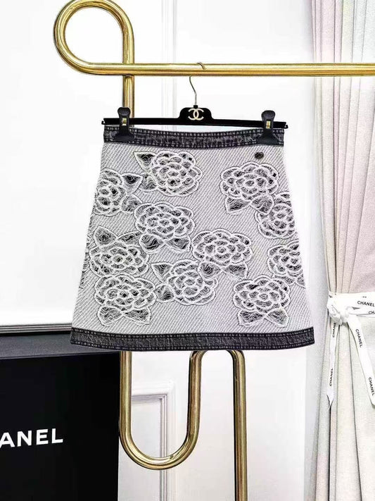 Chanel Fall/Winter 2018 Cascade Collection Gray Denim Embroidered Lace Camellia Skirt