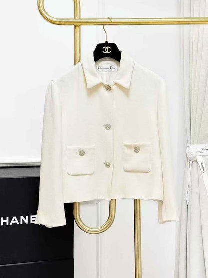 Dior Beige Silk Lapel Long-Sleeve Cropped Jacket