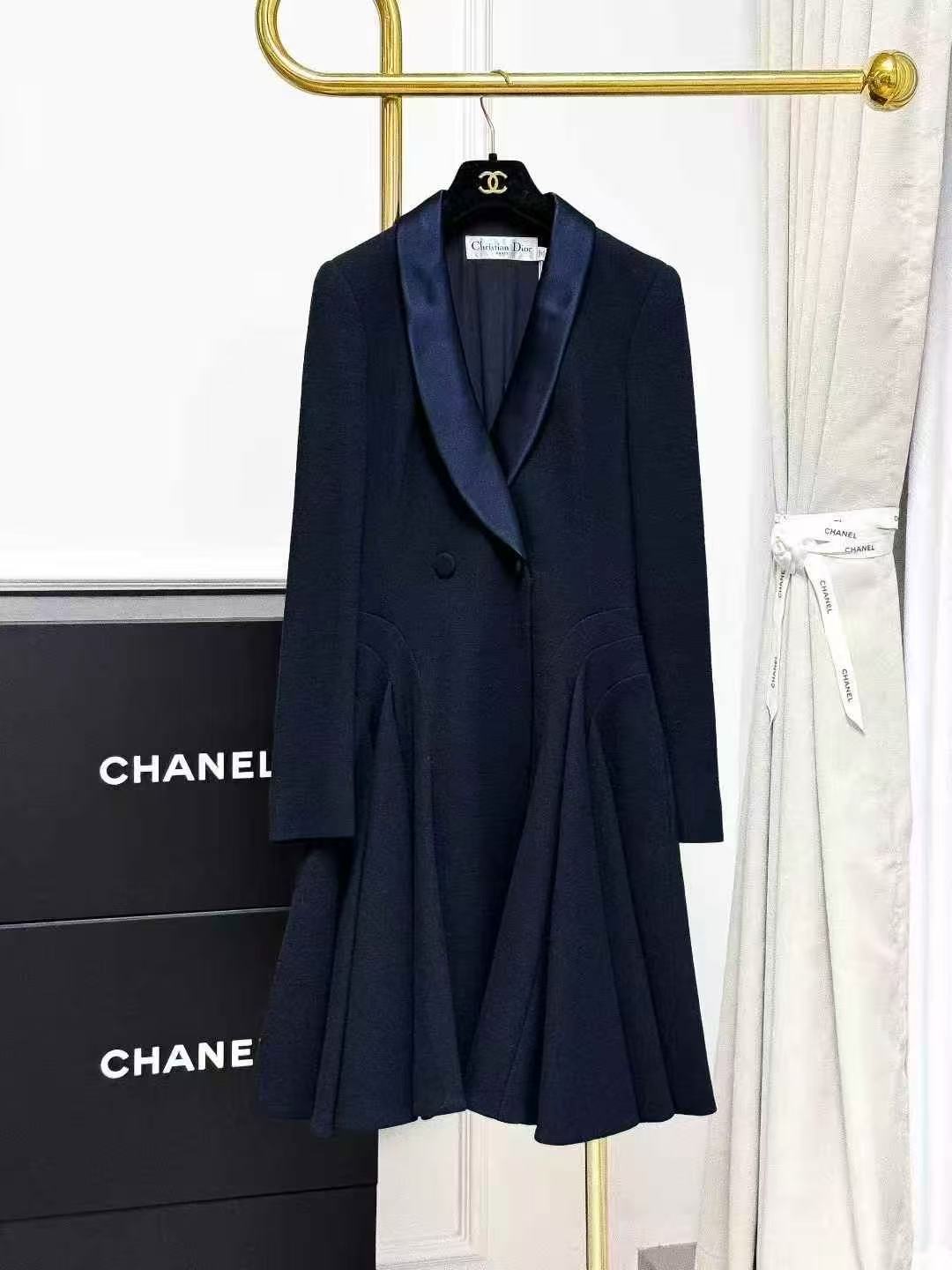 Dior Navy Blue Satin Collar-Tied Wool Coat