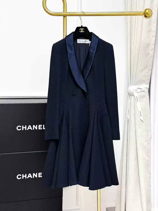 Dior Navy Blue Satin Collar-Tied Wool Coat
