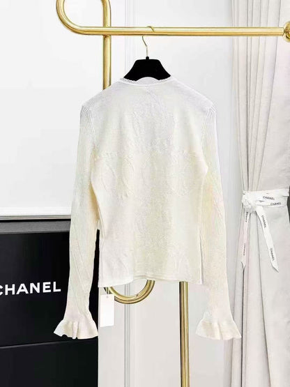 Hermes 25 New Beige Long-Sleeve Knit Top with Flared Hem