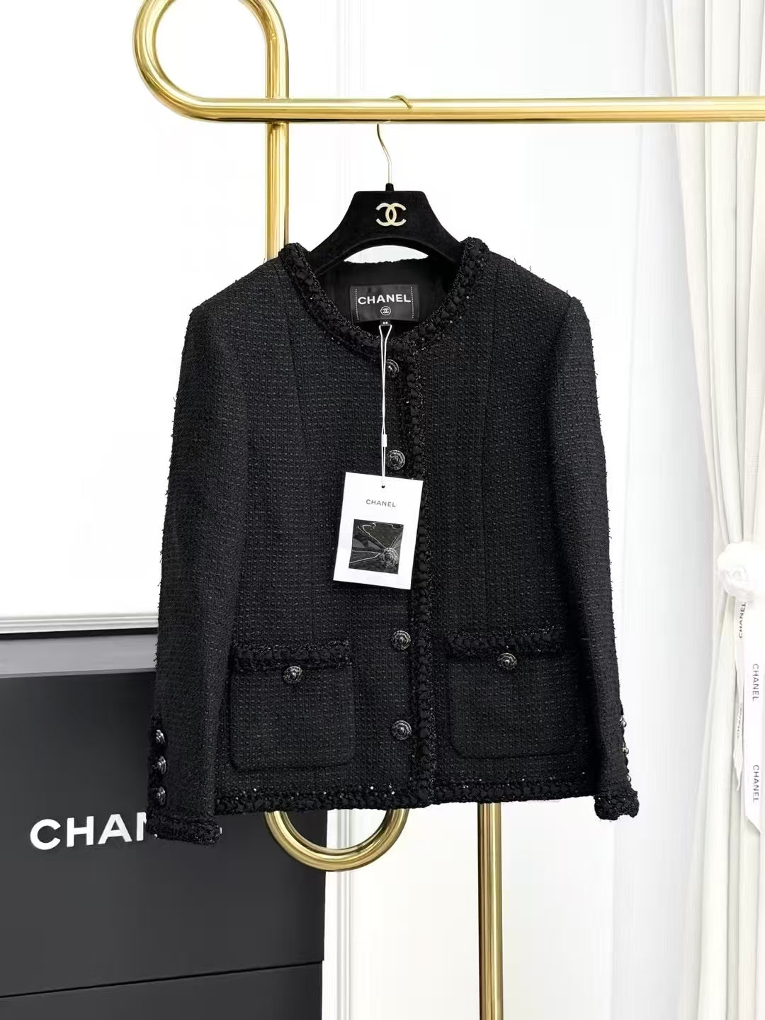 Chanel 25S Bestseller Black Fine-Shimmer Camellia Button Jacket