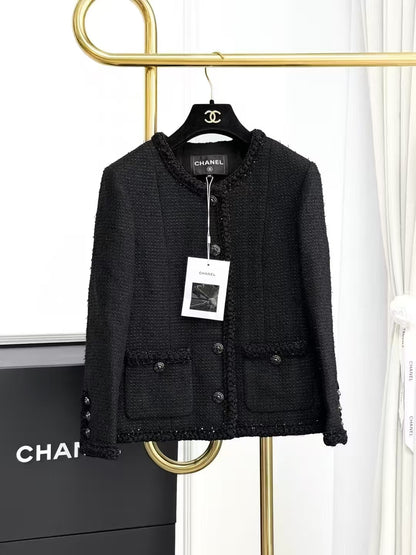 Chanel 25S Bestseller Black Fine-Shimmer Camellia Button Jacket