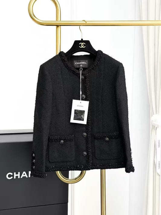 Chanel 25S Bestseller Black Fine-Shimmer Camellia Button Jacket