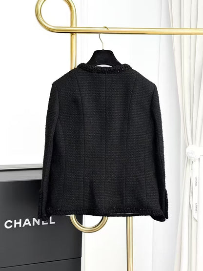 Chanel 25S Bestseller Black Fine-Shimmer Camellia Button Jacket