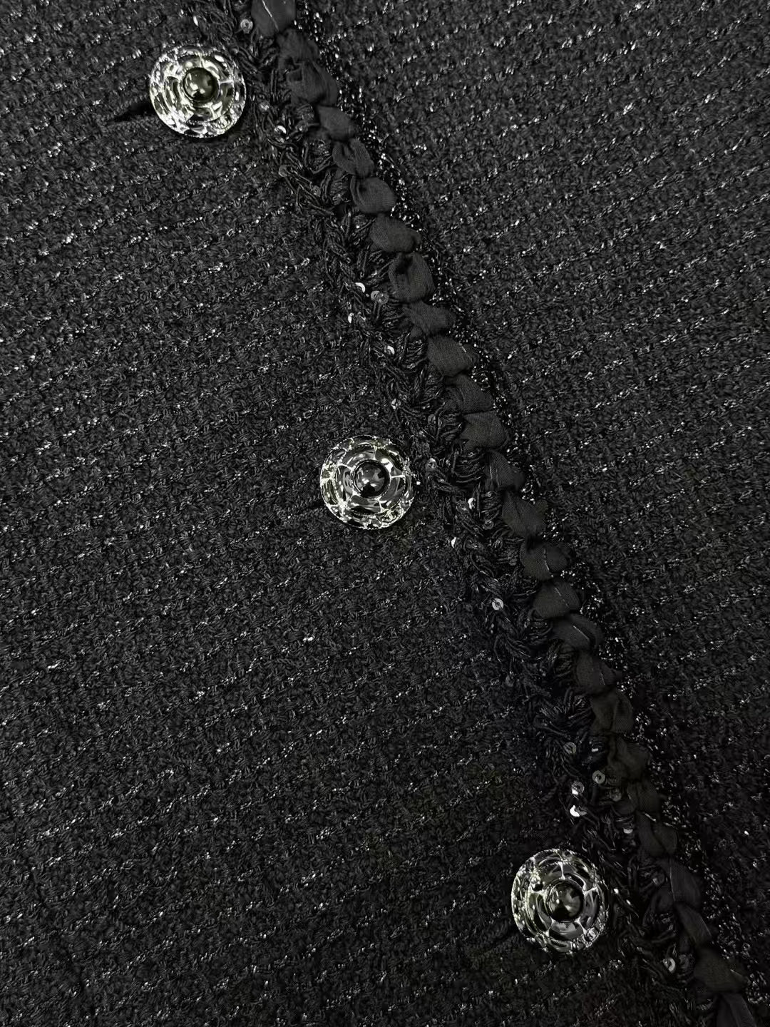 Chanel 25S Bestseller Black Fine-Shimmer Camellia Button Jacket