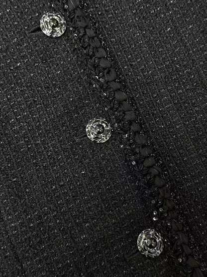 Chanel 25S Bestseller Black Fine-Shimmer Camellia Button Jacket