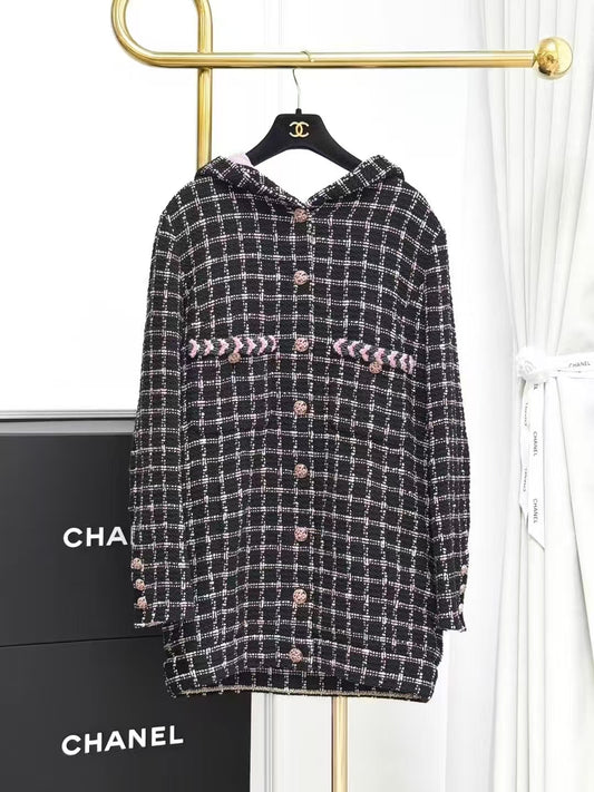 Chanel 24S Black Checkered Hooded Long Coat