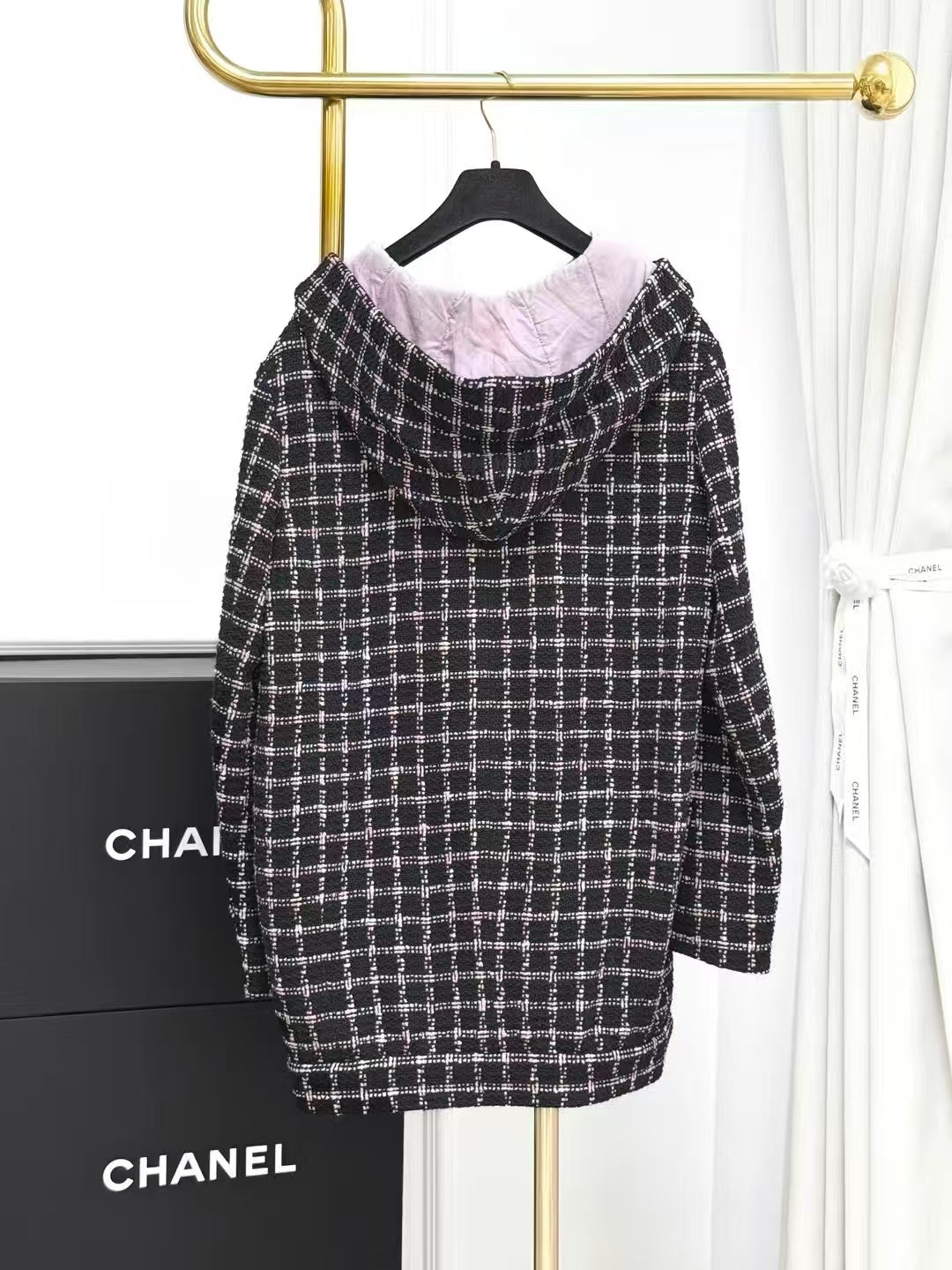 Chanel 24S Black Checkered Hooded Long Coat