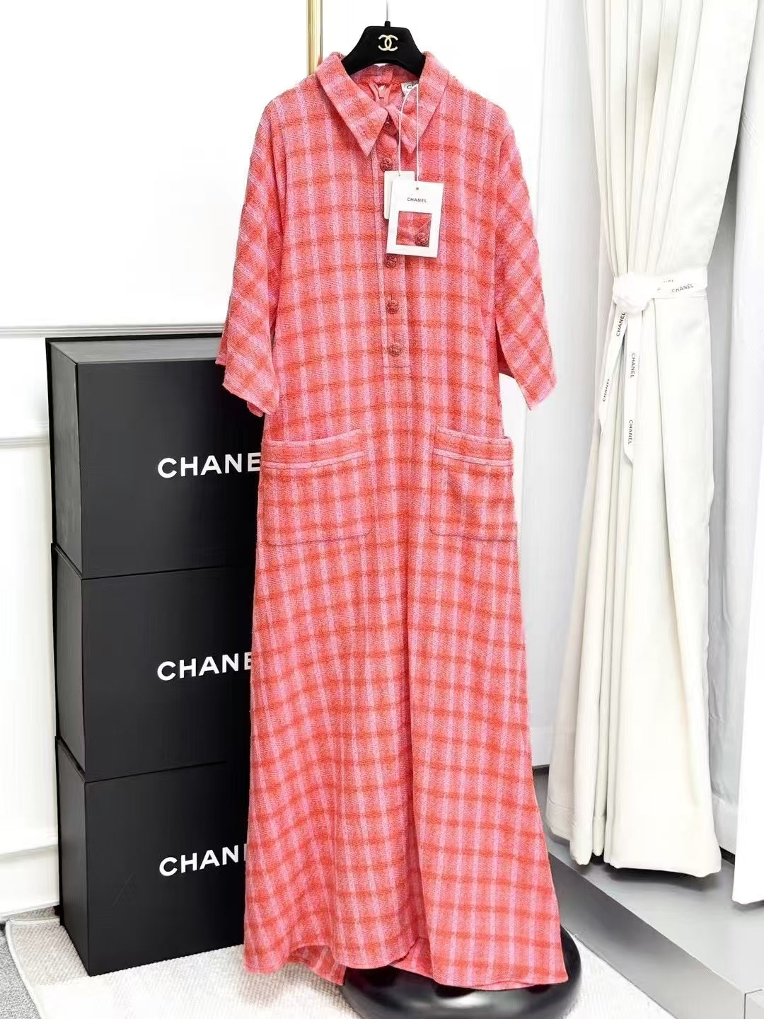 Chanel 24S Orange-Pink Tweed Maxi Dress