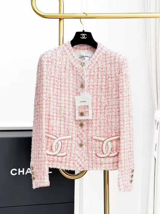 Chanel 24P Pink Tartan Tweed Sequined Jacket