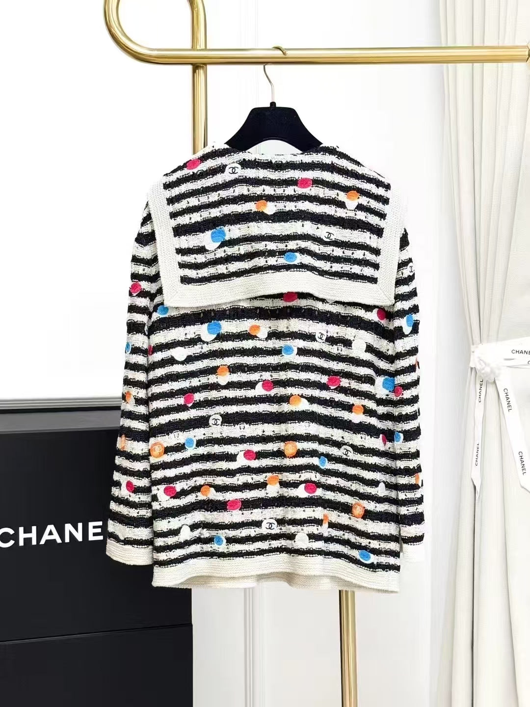 Chanel 24S Black and White Color-Block Polka Dot Turtleneck Knit Top