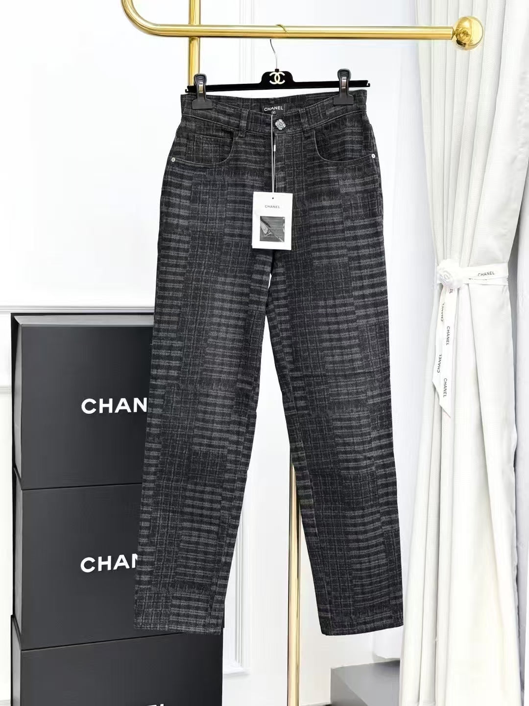 Chanel 24A Dark Gray Small Check Textured Denim Pants