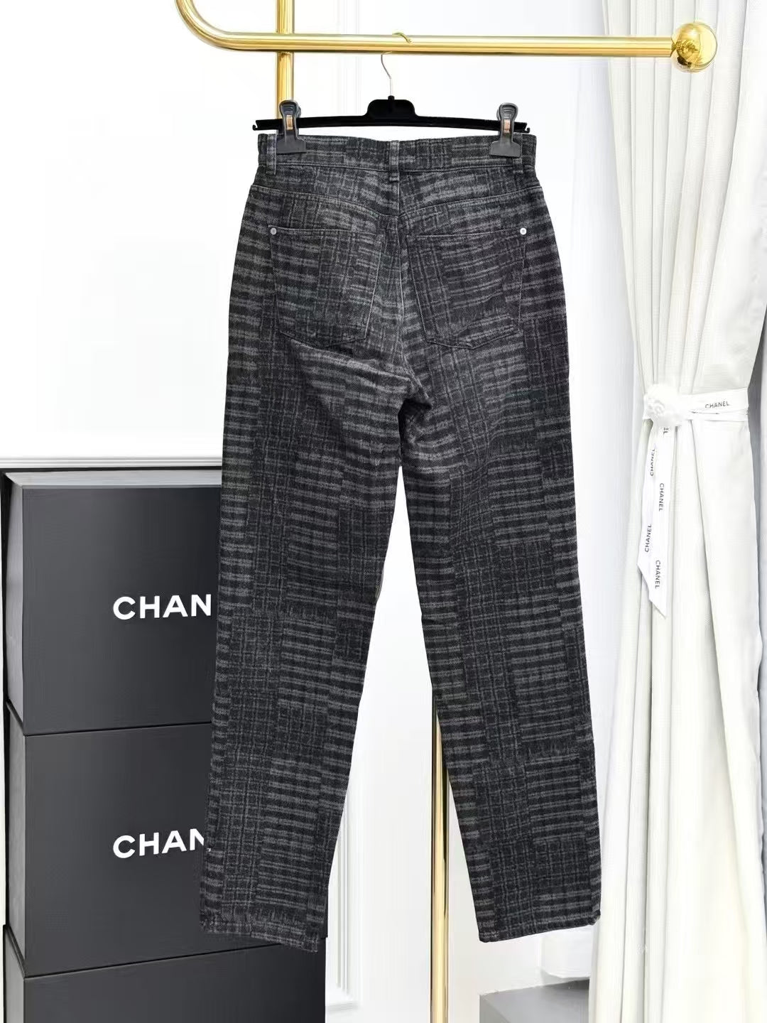 Chanel 24A Dark Gray Small Check Textured Denim Pants