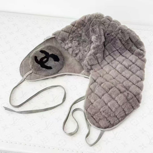 Chanel Gray Quilted Double C Fur-Lined Beanie