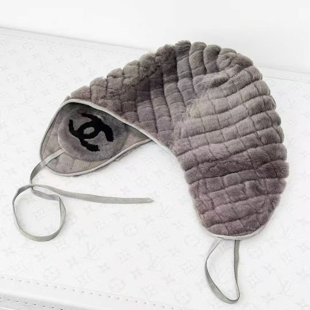 Chanel Gray Quilted Double C Fur-Lined Beanie