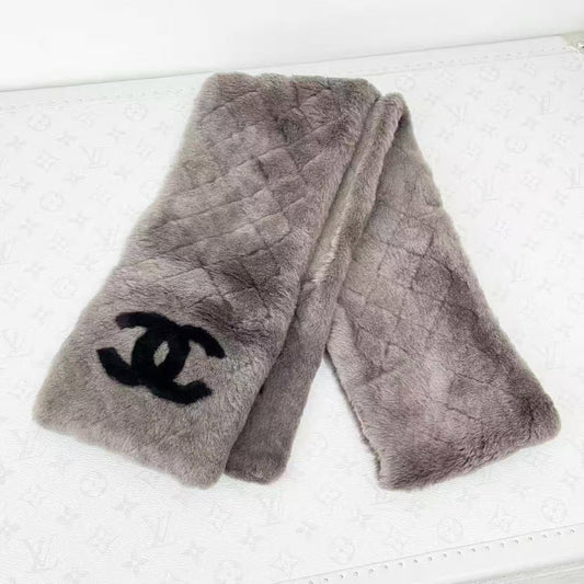 Chanel Gray Quilted Double C Shearling Scarf