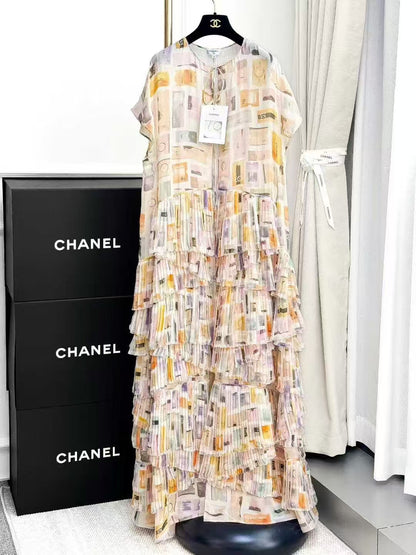 Chanel 24k Heavy-Duty Color-Blocked Logo Pleated Ruffle Silk Cardigan