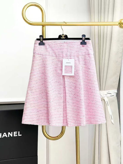 Chanel 24C Pink and White Striped Diamond Buckle Knitted Skirt
