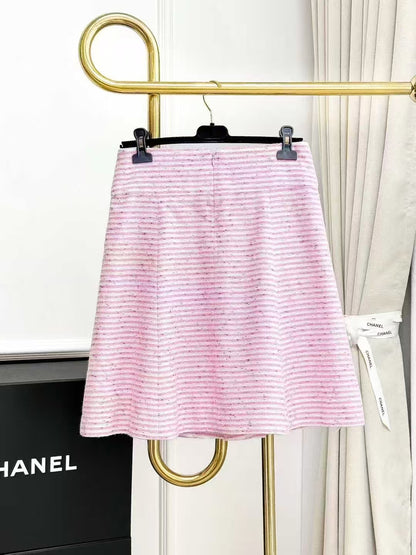 Chanel 24C Pink and White Striped Diamond Buckle Knitted Skirt