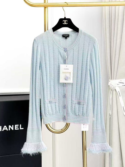Chanel 25B Light Blue and Purple Striped Knit Bell-Sleeve Cardigan
