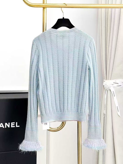 Chanel 25B Light Blue and Purple Striped Knit Bell-Sleeve Cardigan