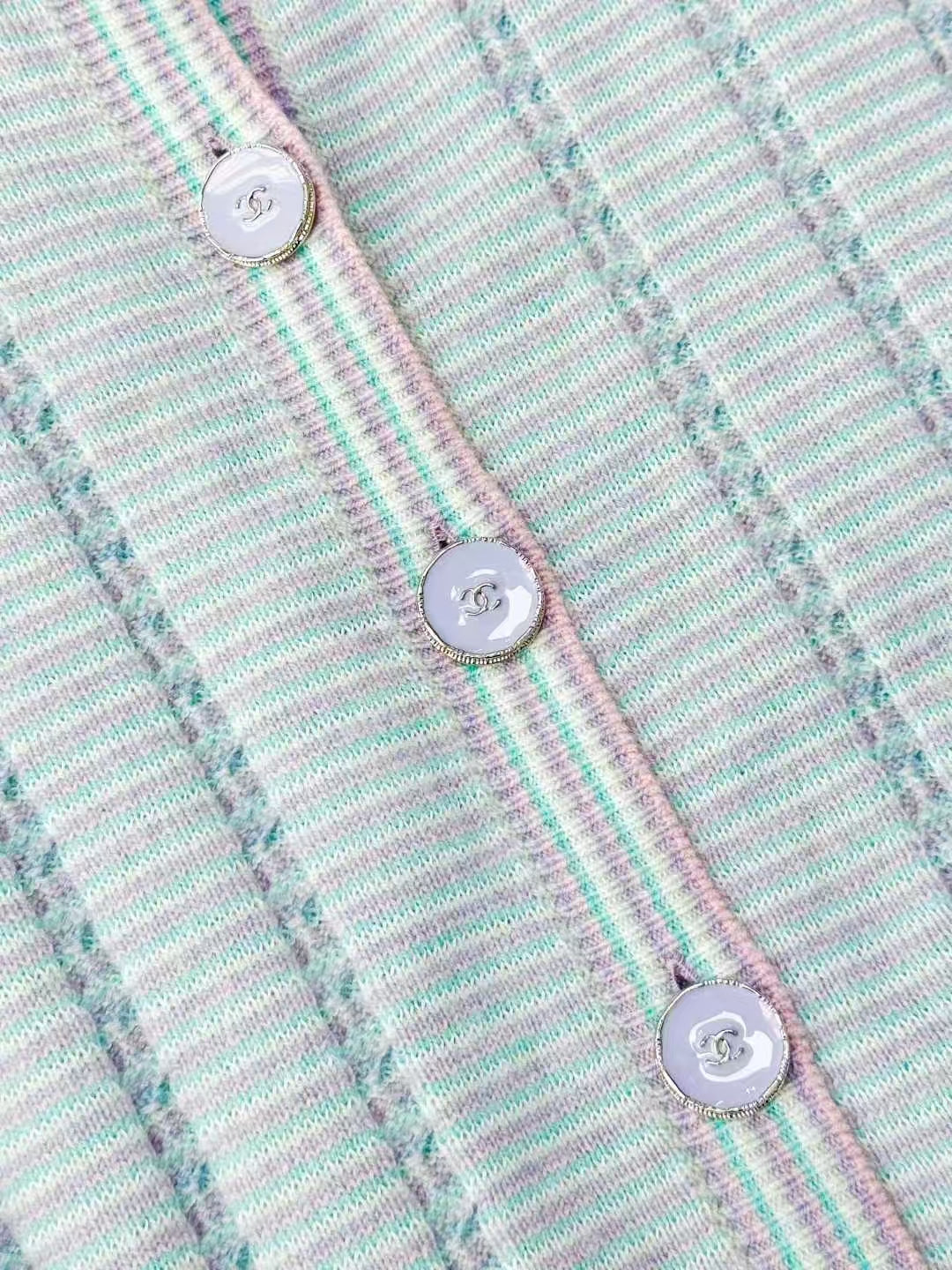 Chanel 25B Light Blue and Purple Striped Knit Bell-Sleeve Cardigan
