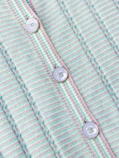 Chanel 25B Light Blue and Purple Striped Knit Bell-Sleeve Cardigan