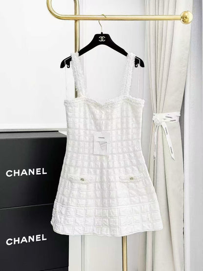 Chanel 25B White Fringe-Trimmed Waffle-Weave Dress