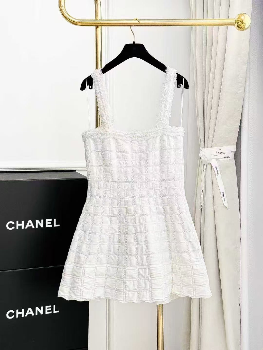 Chanel 25B White Fringe-Trimmed Waffle-Weave Dress