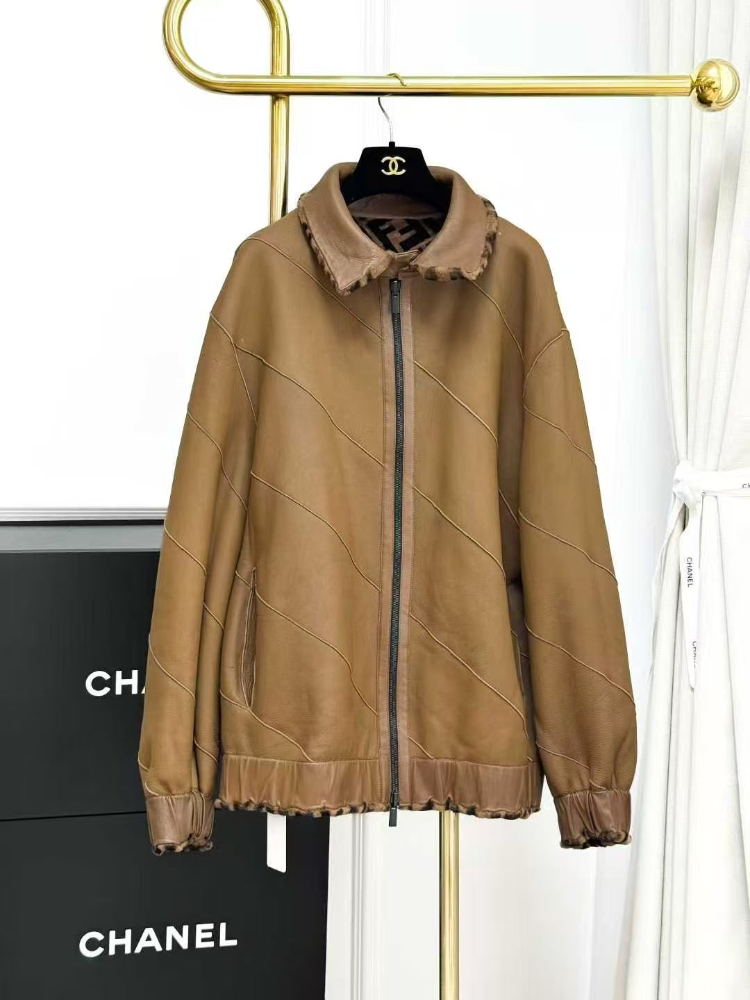 Fendi Brown Double F Logo Shearling Coat