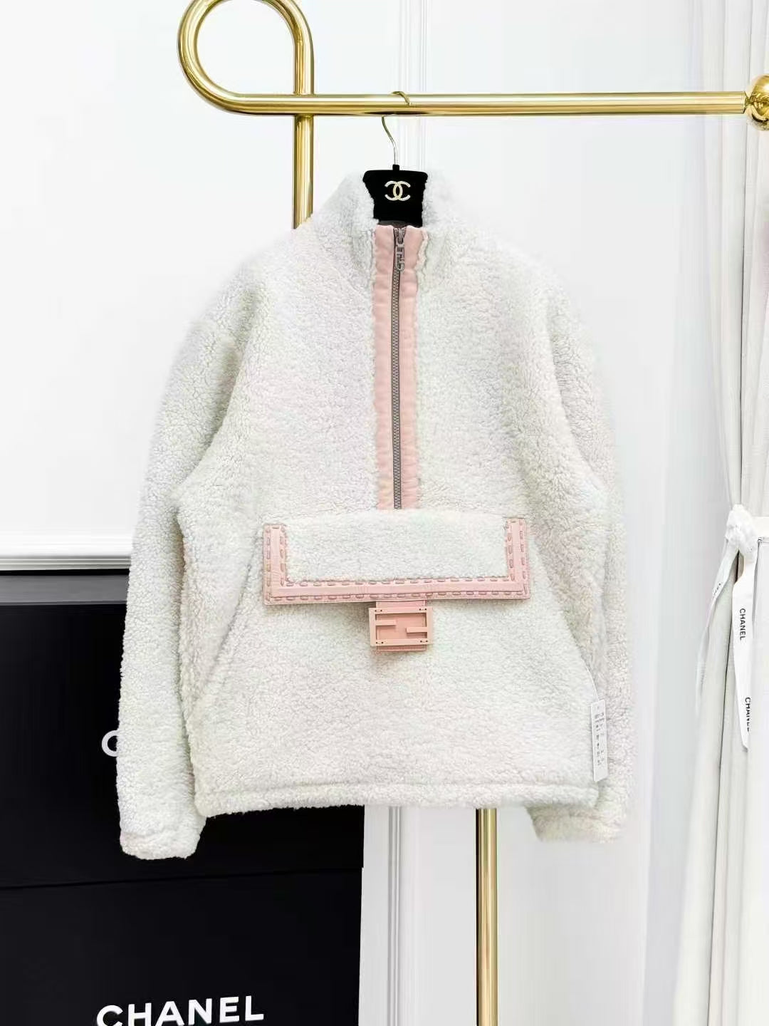 Fendi Beige and Pink Trimmed Double F Logo Shearling Top