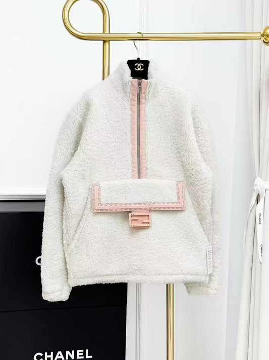 Fendi Beige and Pink Trimmed Double F Logo Shearling Top