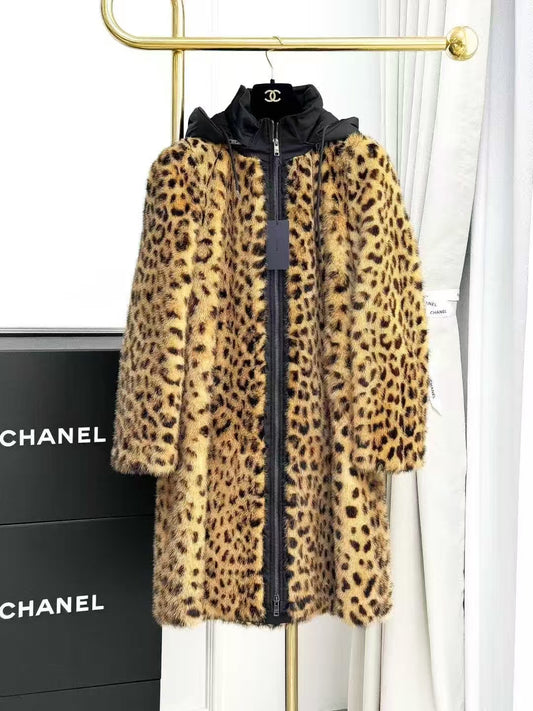 Prada Leopard-Print Mink Long-Line Hooded Fur Coat