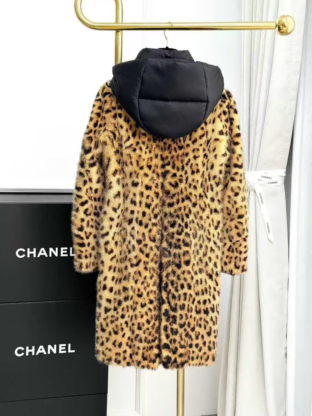 Prada Leopard-Print Mink Long-Line Hooded Fur Coat