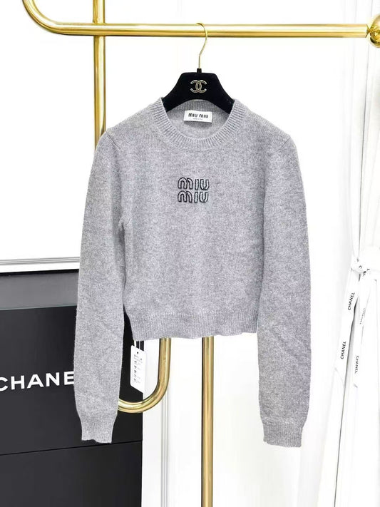 MiuMiu Gray Beaded Logo Knit Top