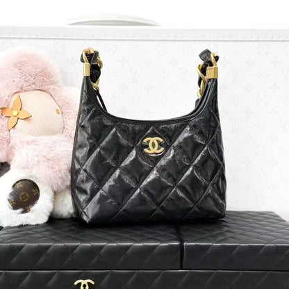 Chanel 25A New Black Oiled Leather Diamond Quilted Hobo, Underarm Bag