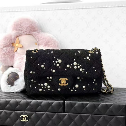 Chanel 22B Black Diamond Quilted Pearl Tweed CF Large Mini Chain Bag