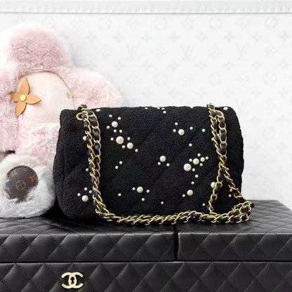 Chanel 22B Black Diamond Quilted Pearl Tweed CF Large Mini Chain Bag