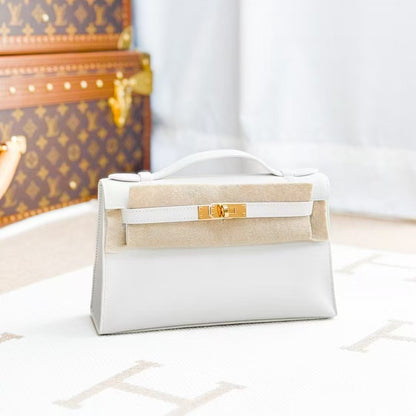 Hermes Mini KellyⅠ, 01 Pure White, Gold Buckle Swift Leather