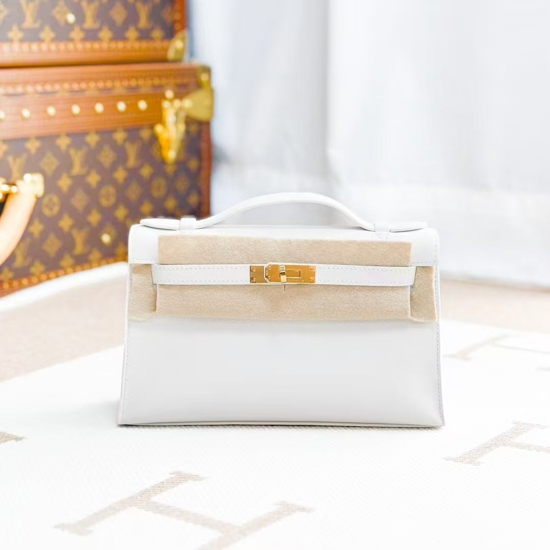 Hermes Mini KellyⅠ, 01 Pure White, Gold Buckle Swift Leather
