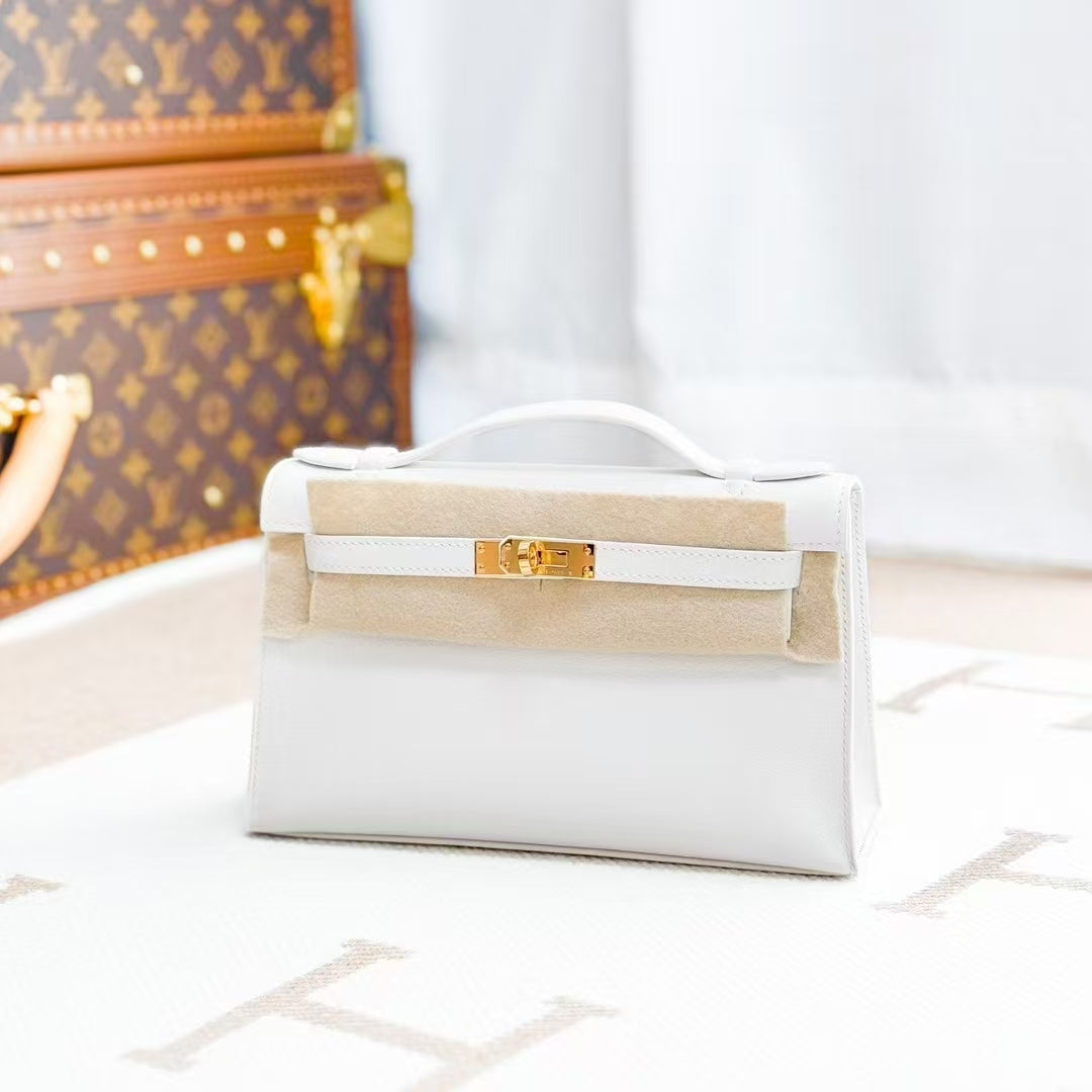 Hermes Mini KellyⅠ, 01 Pure White, Gold Buckle Swift Leather