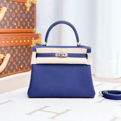 Hermes Kelly 25 M3 Ink Blue, Silver Buckle Togo Leather