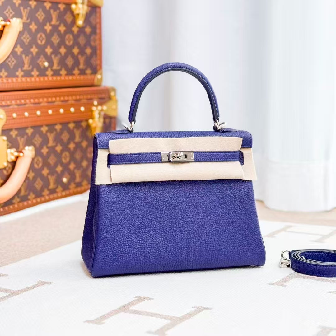 Hermes Kelly 25 M3 Ink Blue, Silver Buckle Togo Leather