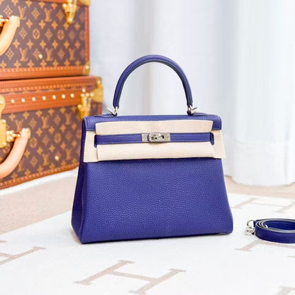 Hermes Kelly 25 M3 Ink Blue, Silver Buckle Togo Leather