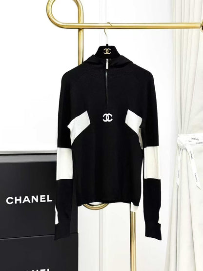 Chanel 24N Ski Collection Black and White Color-Blocked Zipper Long-Sleeve Sweater