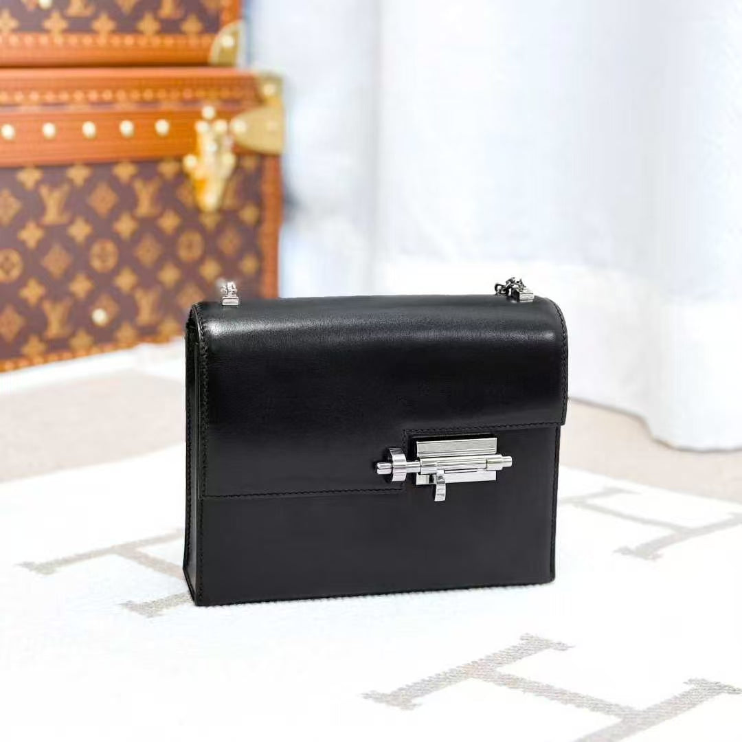 Hermes Verrou Mini Black Silver Box Leather Pistol Bag