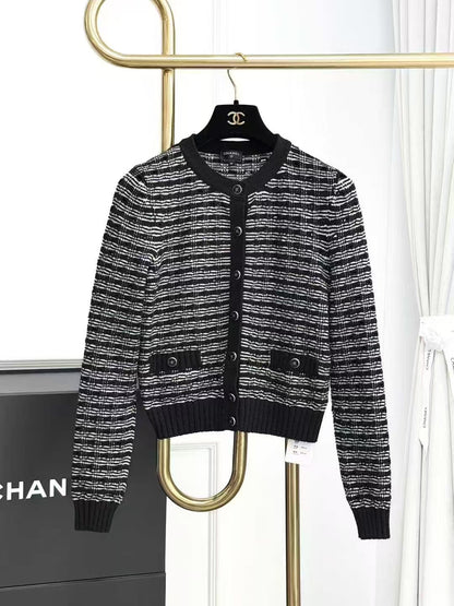 Chanel 25P Black and Gray Striped Crew Neck Long Sleeve Knit Cardigan